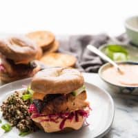 Stacked cedar plank salmon on mini bagels