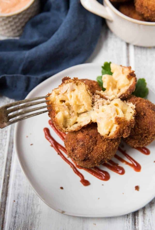 stacked tuna stuffed mac and cheese balls