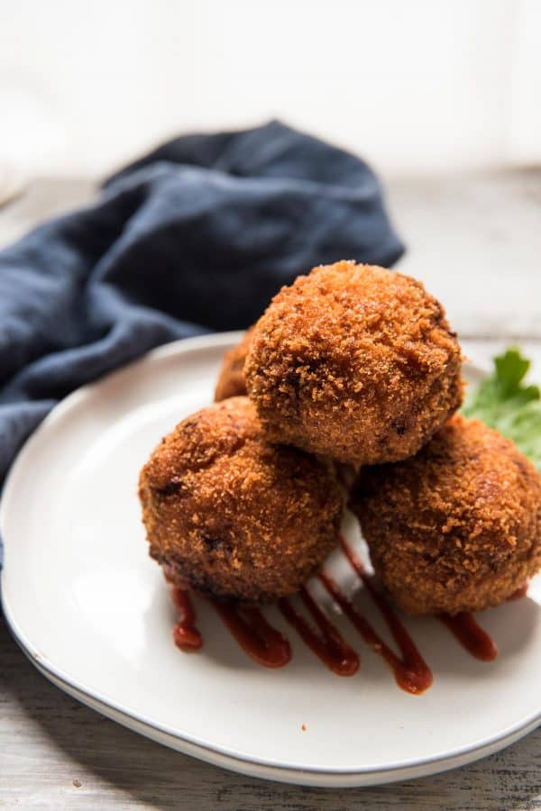 stack of crispy tuna mac and cheese balls