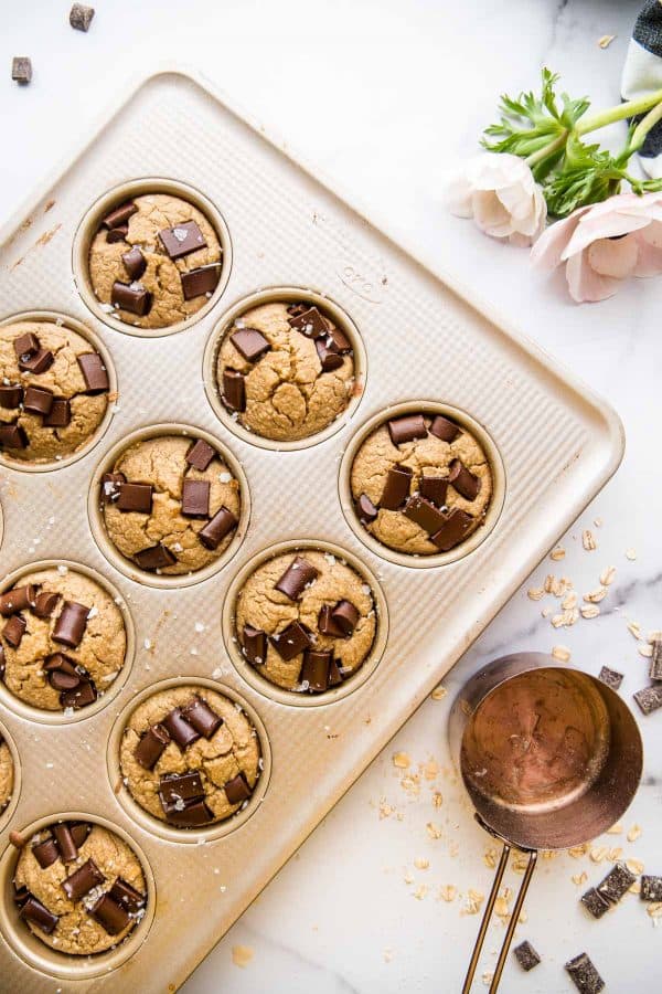 peanut butter banana muffins fresh out of the oven in the muffin tray