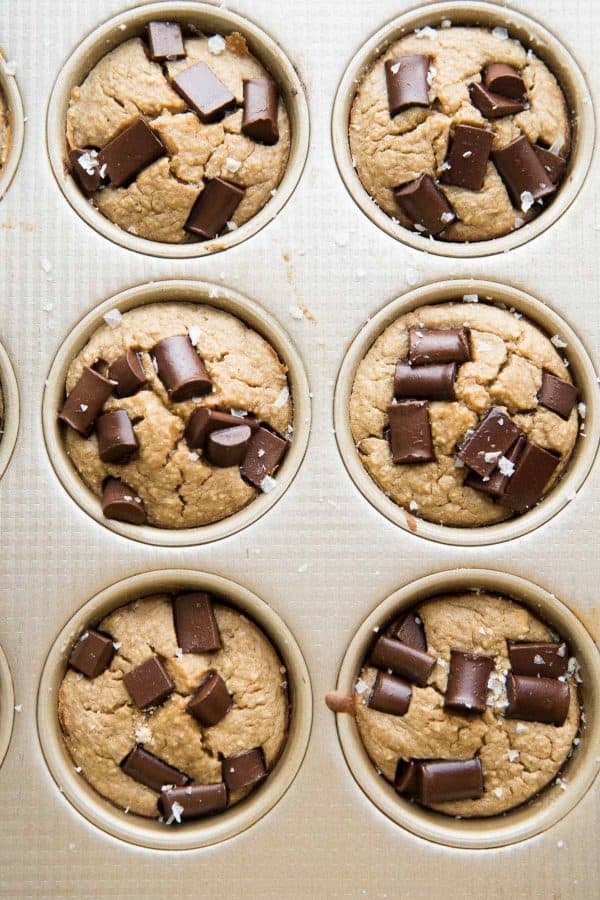 tray of muffins with chocolate chunks and sea salt 