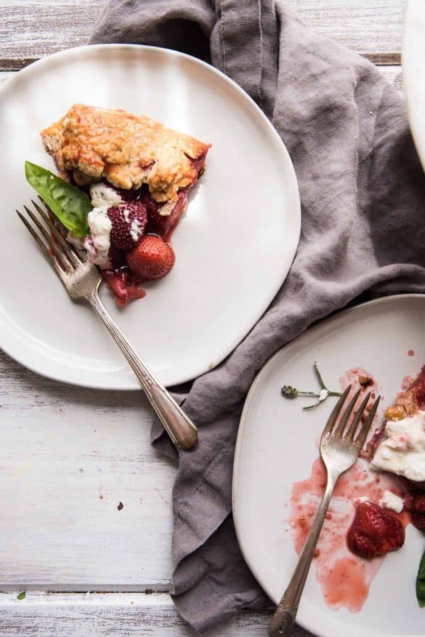 two slices of strawberry burrata galette on plates