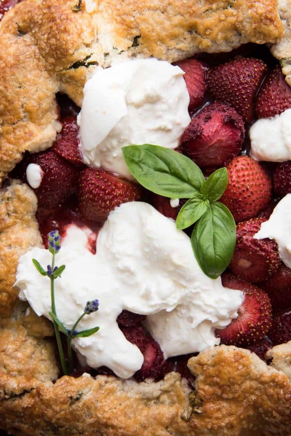 close up of strawberry burrata galette