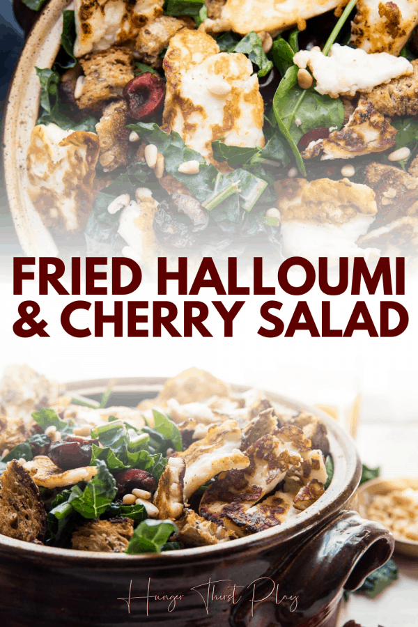 collage of fried halloumi and cherry salad