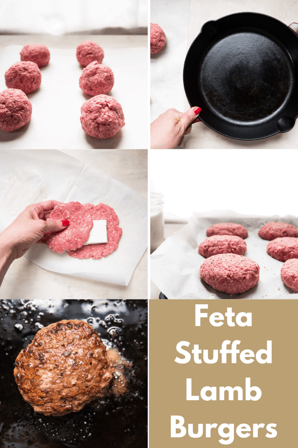 collage of steps to make feta stuffed lamb burgers