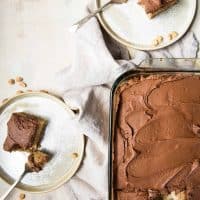 overhead of peanut butter sheet cake in the pan with slice cut out