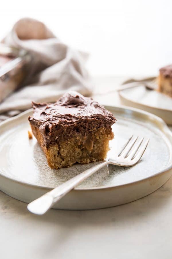 back lit photo pf a slice of peanut butter and chocolate cake