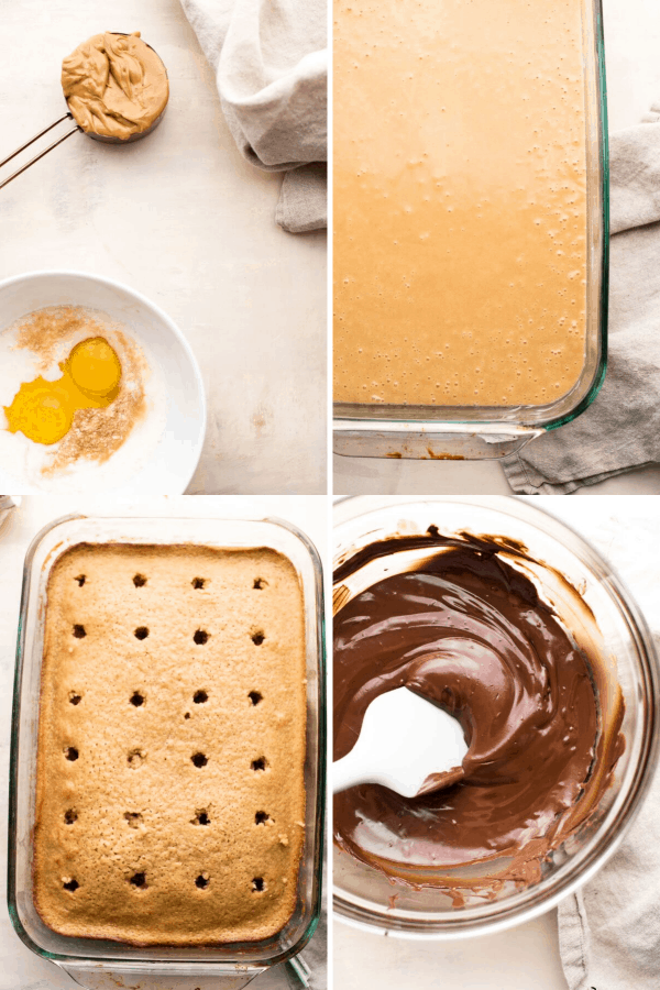 collage of procedure steps for peanut butter sheet cake with chocolate frosting