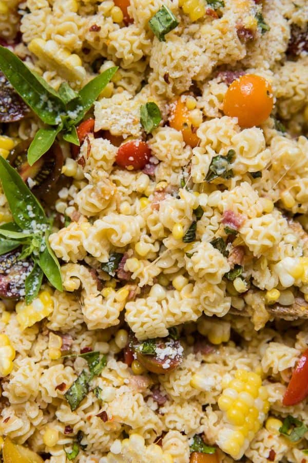 close up of summer pasta salad