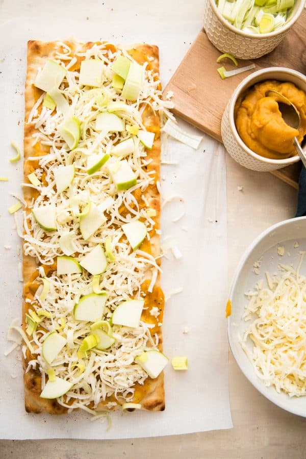 autumn squash flatbread ready to bake