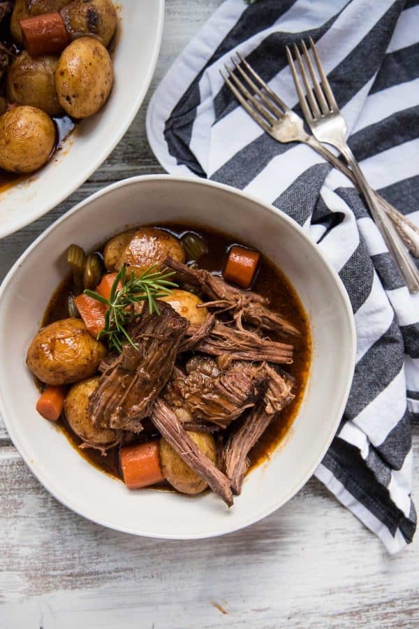 serving of pot roast with vegetables in a bowl