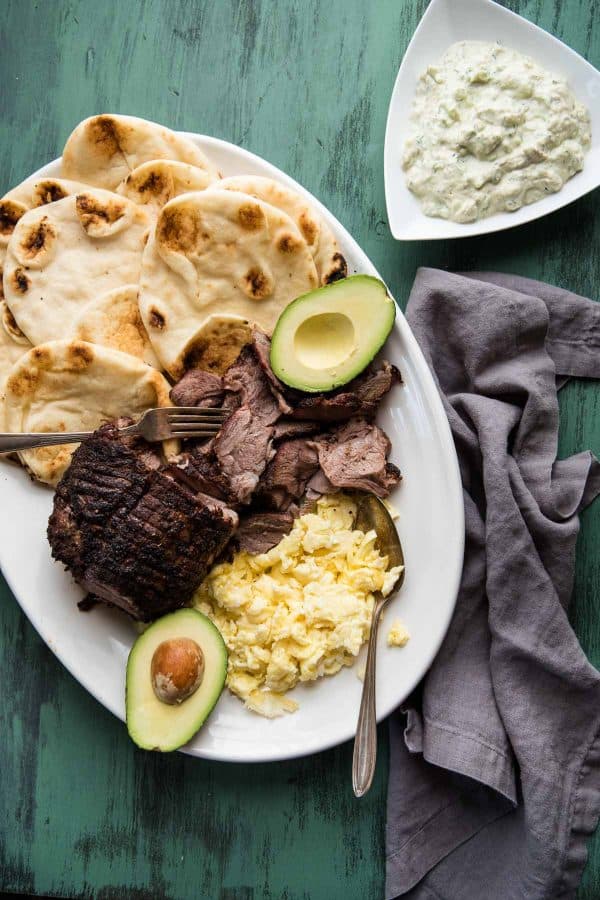 platter of ingredients for breakfast lamb gyros