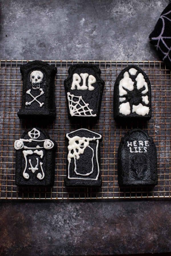 overhead view of decorated tombstone cakes