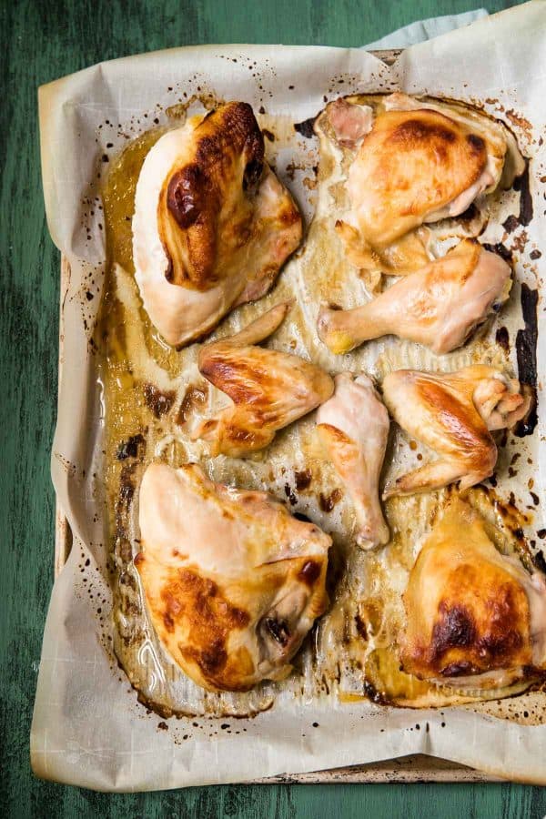 buttermilk marinated chicken on a roasting pan