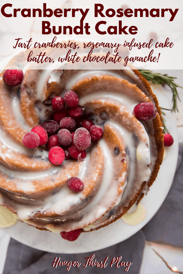 overhead angle of cranberry bundt cake with white chocolate drizzled over