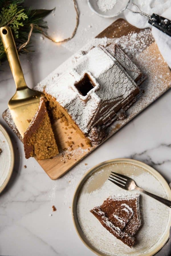 overhead view of cut gingerbread house cake