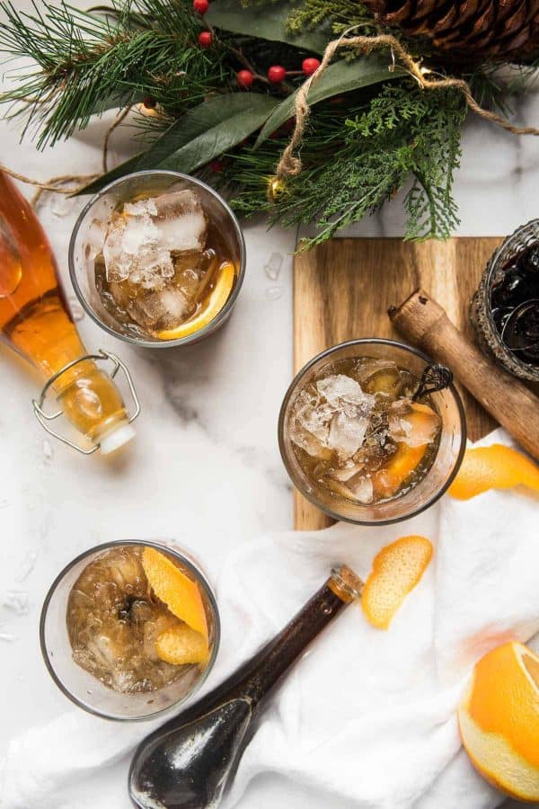 three glasses of gingerbread old fashioned