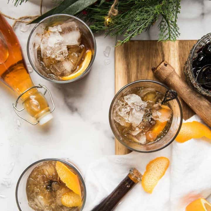 three glasses of gingerbread old fashioned