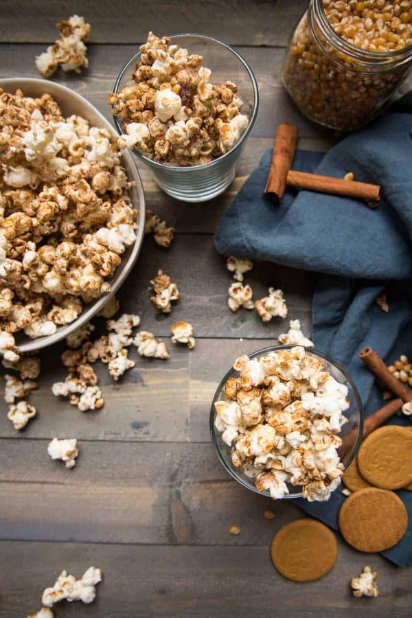 fresh gingerbread popcorn spilling out of the bowl