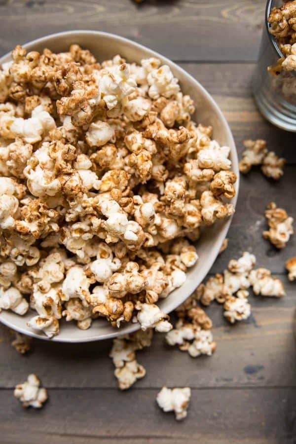 kettle corn style popcorn with gingerbread seasoning in a bowl