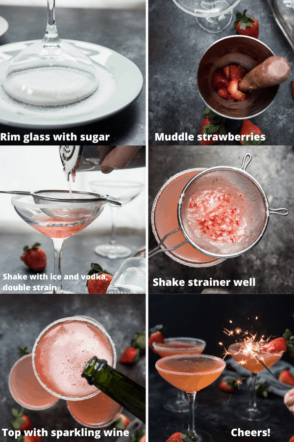 collage of steps to make strawberry martini