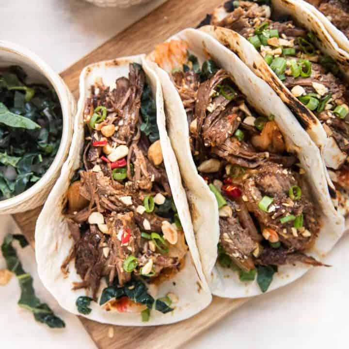 overhead of instant pot korean beef tacos