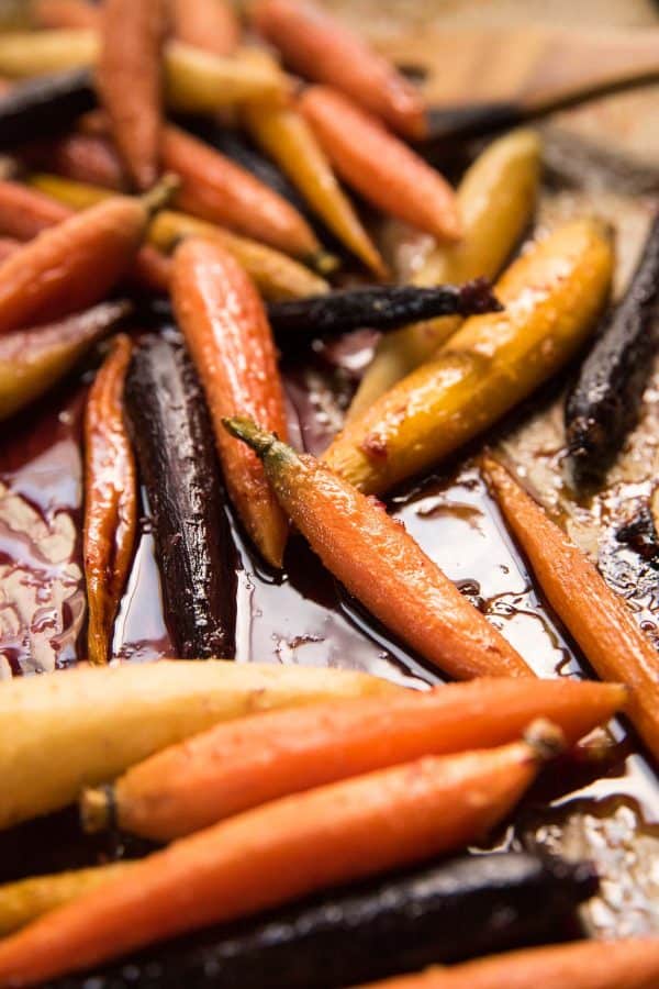 roasted carrots on a sheet tray