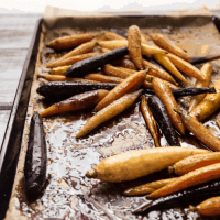 roasted rainbow carrots on a sheet tray