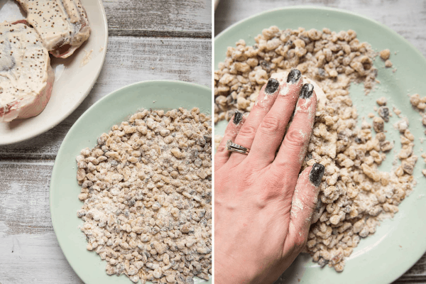 collage of steps to coat pork chops