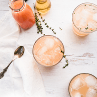 overhead view of pink grapefruit gin cocktails