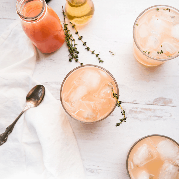 overhead view of pink grapefruit gin cocktails