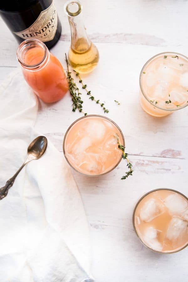 overhead of pink grapefruit gin cocktails