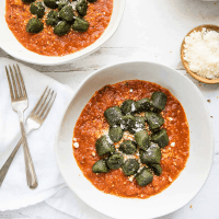green kale gnocchi over spicy red tomato sauce