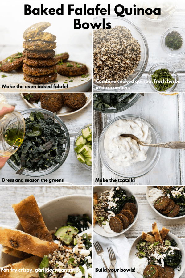 collage of how to make falafel quinoa bowls