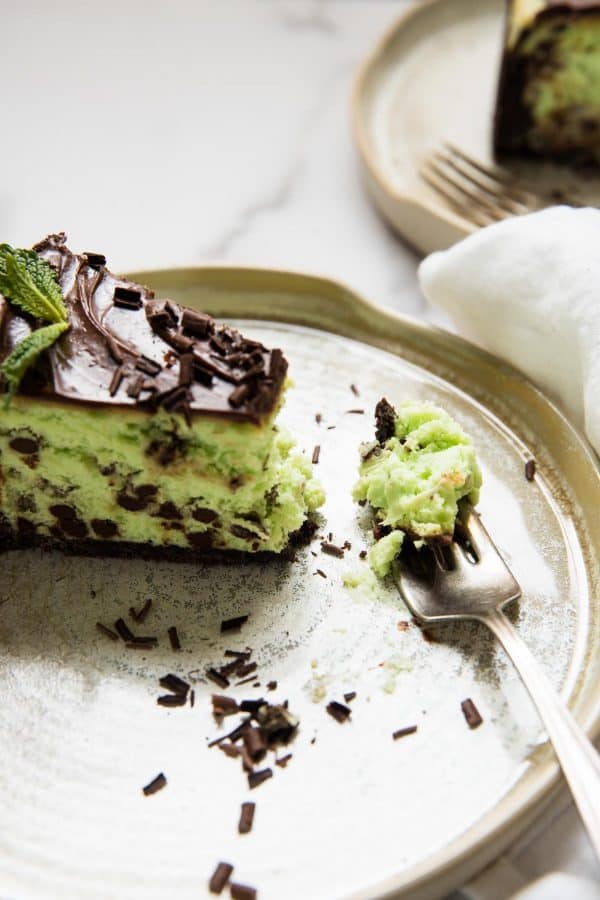 bite of mint chip cheesecake on a fork