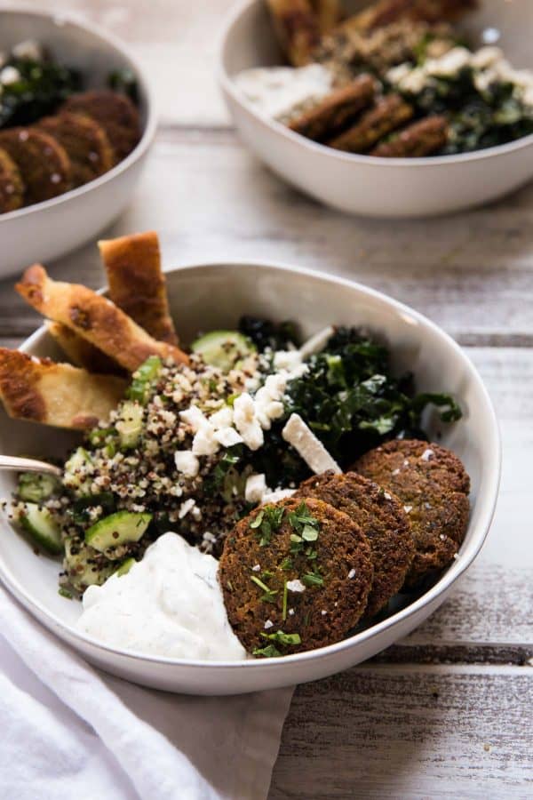 falafel and tzatziki close up in a bowl