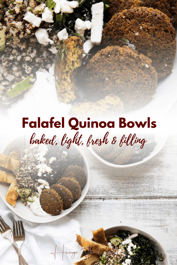 collage of falafel quinoa bowls photos