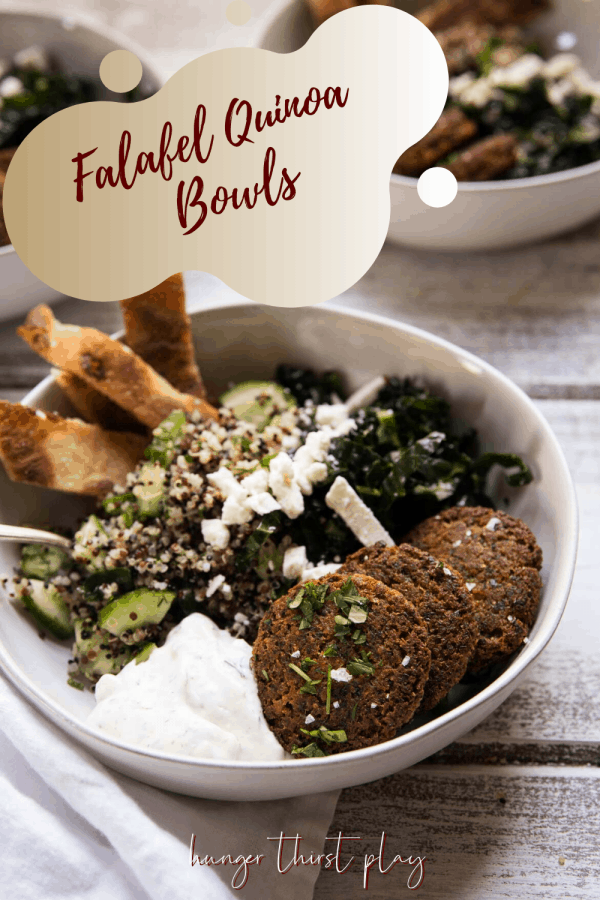 side angle of falafel quinoa bowls stuffed with ingredients