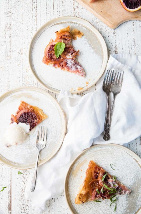 three slices of tart on round plates