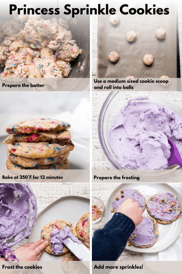 collage of steps to make princess sprinkle cookies