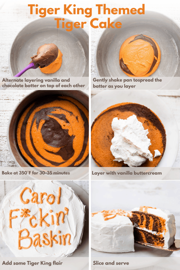 collage of steps to make tiger king cake