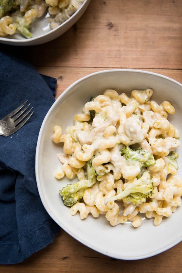 bowl of creamy pasta with broccoli
