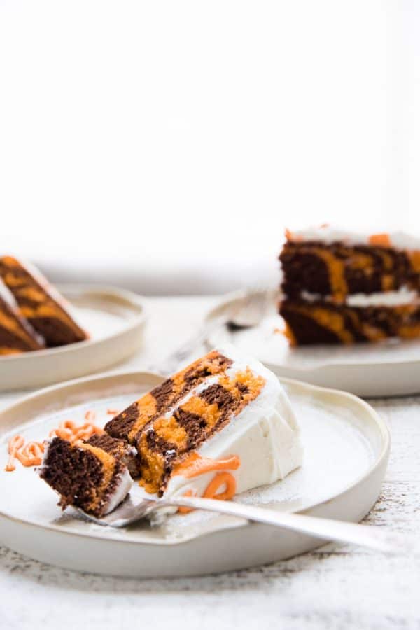 forkful of tiger cake on a plate