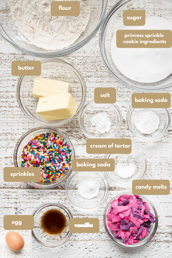 labeled ingredients for princess sprinkle cookies