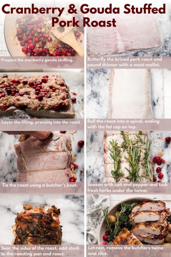 collage of steps to make cranberry gouda stuffed pork roast