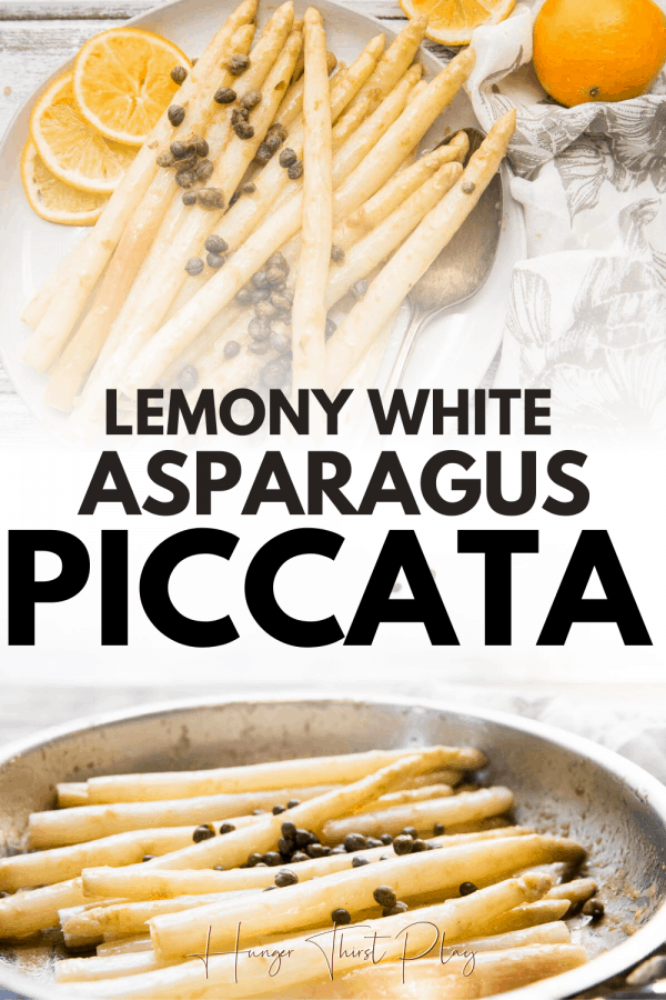 collage of white asparagus piccata photos