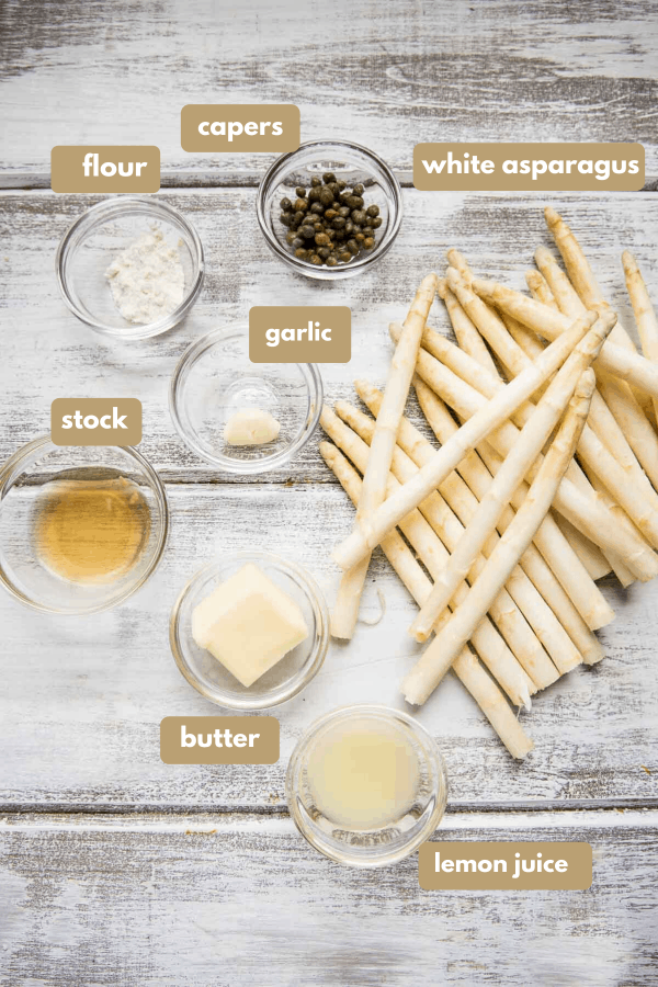 labeled ingredients for asparagus piccata