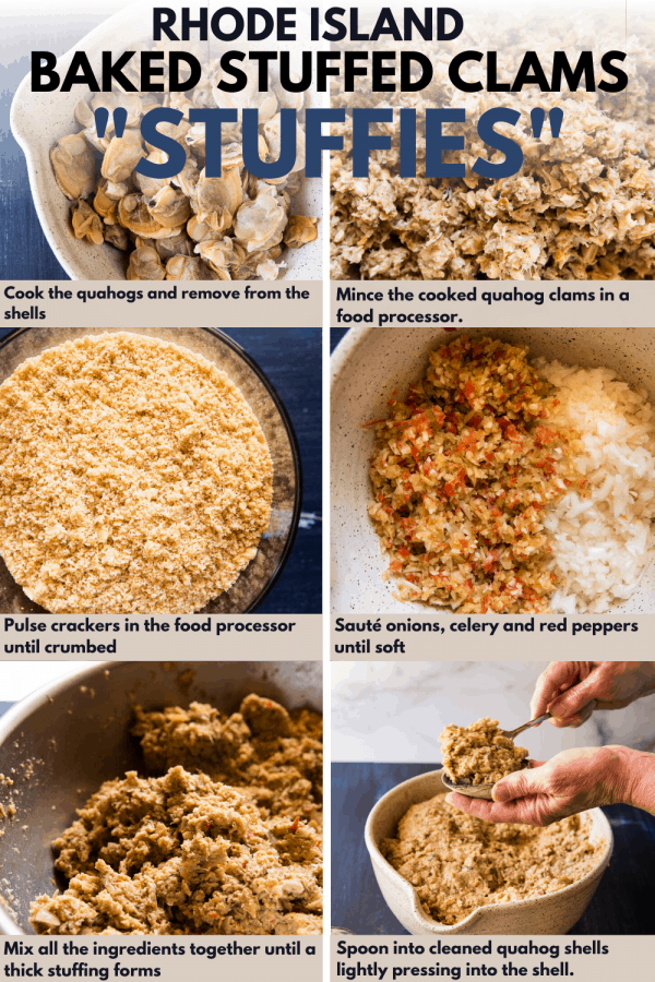 collage of steps to make baked stuffed clams