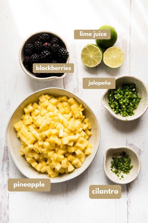 labeled ingredients for blackberry pineapple salsa