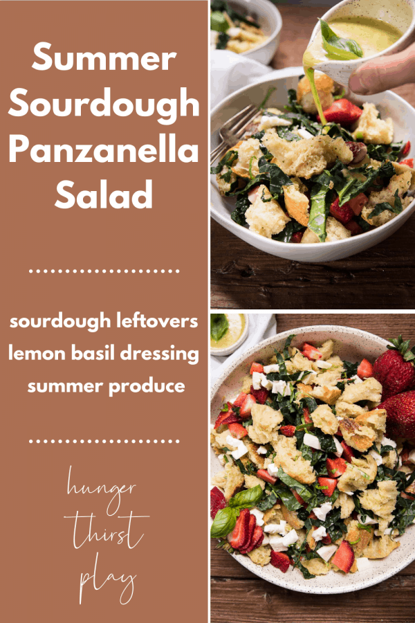 two photos of panzanella salad in a large platter and bowl